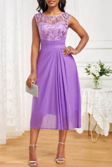 Lace Round Neck Sleeveless Neon Violet Dress