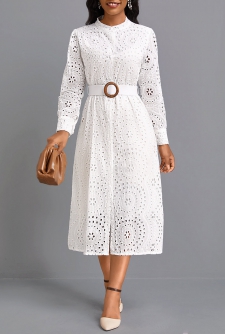 Button Belted White Round Neck Long Sleeve Dress