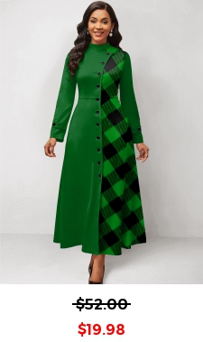 Plaid Patchwork Green Stand Collar Maxi Dress