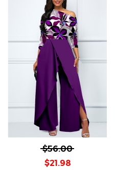 Floral Print Split Purple Long Boat Neck Jumpsuit