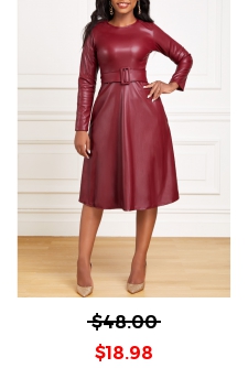 Faux Leather Belted Wine Red Boat Neck Dress
