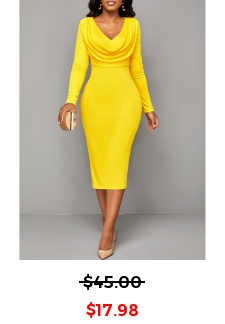 V Neck Split Yellow Long Sleeve Bodycon Dress