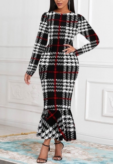 Plaid Mermaid Black Long Sleeve Round Neck Bodycon Dress