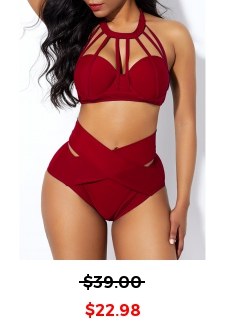 High Waist Cross Front Cage Neck Bikini Set