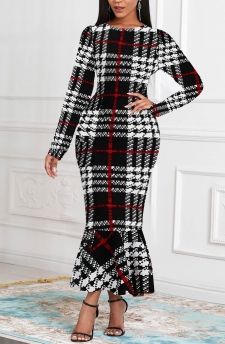 Plus Size Black Mermaid Plaid Bodycon Long Sleeve Dress