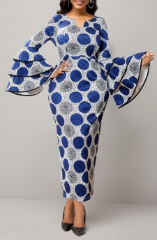 Tribal Print Blue Long Sleeve Bodycon Dress