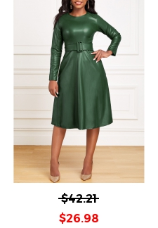Belted Green Boat Neck Long Sleeve Dress