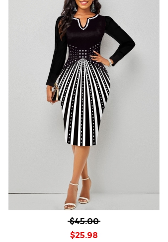 Geometric Print Split Black Long Sleeve Bodycon Dress