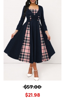 Navy Insert Button Tartan Print 3/4 Sleeve Dress