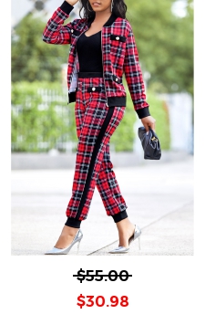 Plaid Red Long Sleeve Zipper Sweatsuit Set