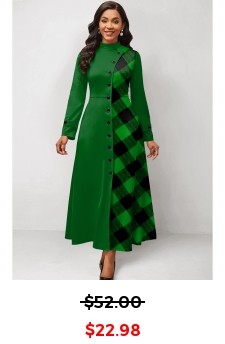 Plaid Patchwork Green Stand Collar Maxi Dress