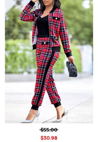 Plaid Red Long Sleeve Zipper Sweatsuit Set