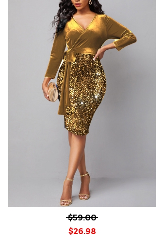 Long Sleeve V Neck Golden Sequin Dress