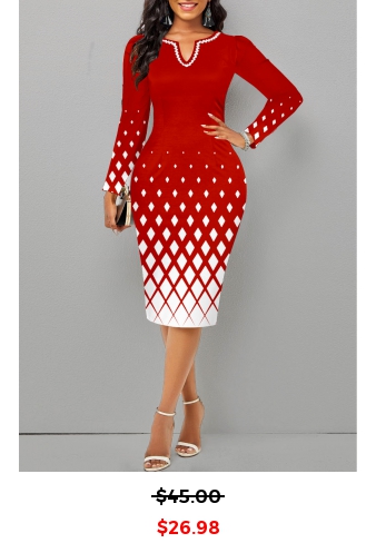 Geometric Print Split Christmas Red Long Sleeve Dress