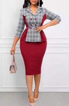 Plaid Patchwork Light Grey Marl Lapel Dress