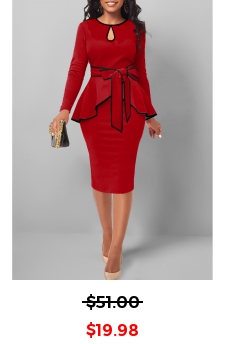 Contrast Binding Belted Red Round Neck Bodycon Dress