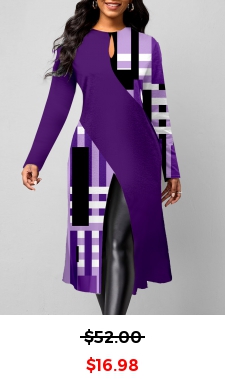 Plaid Split Purple Round Neck Long Sleeve Blouse
