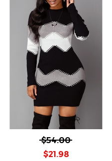 Mock Neck Long Sleeve Chevron Pattern Sweater Dress