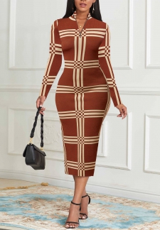 Striped Zipper Light Coffee Long Sleeve Dress