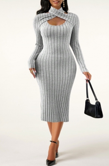 Cut Out Light Grey Long Sleeve Halter Dress