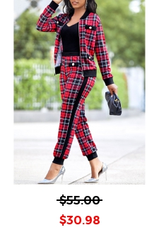 Plaid Red Long Sleeve Zipper Sweatsuit Set