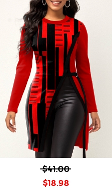 Geometric Print Split Red Round Neck T Shirt