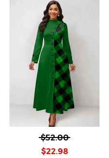 Plaid Patchwork Green Stand Collar Maxi Dress