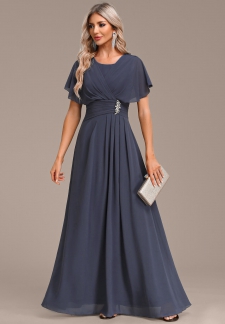 Zipper Round Neck Short Sleeve Navy Maxi Dress