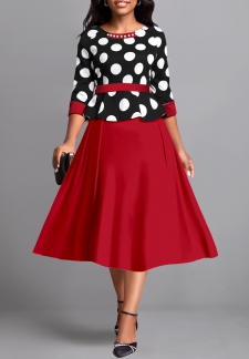 Polka Dot Pearl Wine Red Round Neck Dress