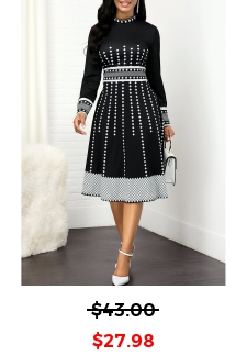 Mock Neck Geometric Print Long Sleeve Dress
