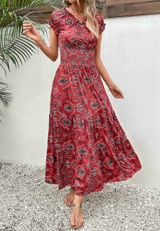 Tribal Print Smocked Wine Red Maxi Dress