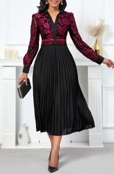 Pleated Black Long Sleeve V Neck Dress