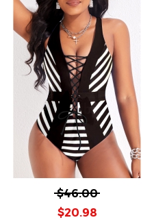 Striped Lace Up Black One Piece Swimwear