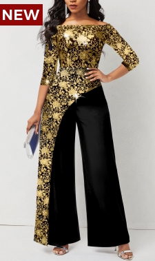 Floral Print Hot Stamping Golden Jumpsuit
