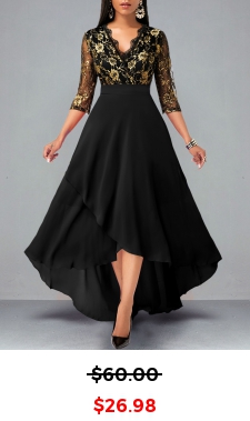 Floral Lace Patchwork High Low Black Dress