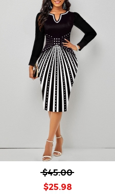 Geometric Print Split Black Long Sleeve Bodycon Dress