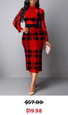Tartan Print Frill Red Midi Bodycon Dress