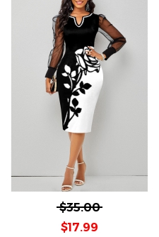 Mesh Stitching Black Floral Print Dress