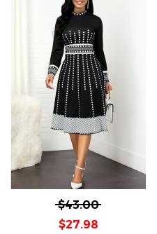 Mock Neck Geometric Print Long Sleeve Dress