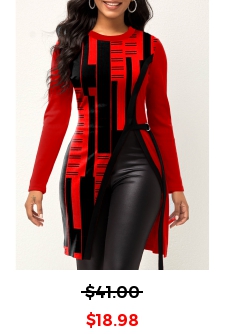 Geometric Print Split Red Round Neck T Shirt