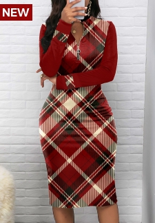 Plaid Zipper Wine Red Long Sleeve Bodycon Dress