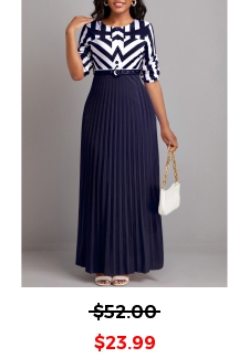 Geometric Print Button Belted Navy Maxi Dress