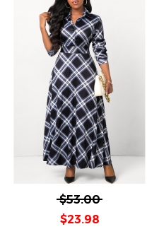 Plaid Button Black Shirt Collar Maxi Dress