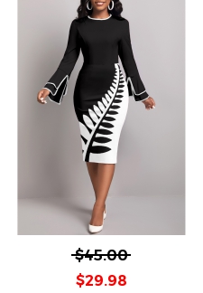 Leaf Print Split Black Long Sleeve Dress