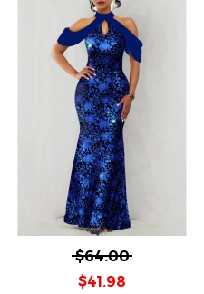 Floral Print Hot Stamping Sapphire Blue Maxi Dress