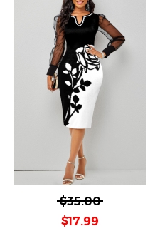 Mesh Stitching Black Floral Print Dress