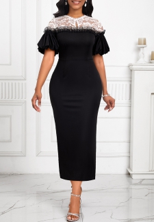 Lace Round Neck Short Sleeve Black Bodycon Dress