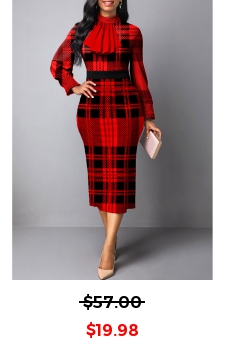 Tartan Print Frill Red Midi Bodycon Dress