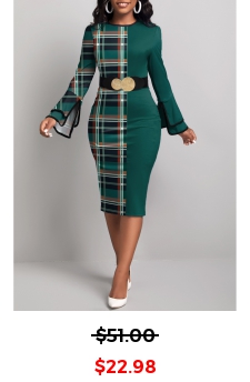 Plaid Patchwork Green Round Neck Bodycon Dress