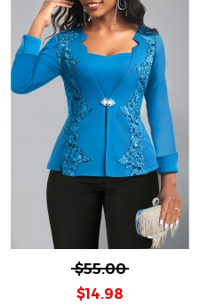Blue Embroidery Peacock Square Neck Long Sleeve Blouse